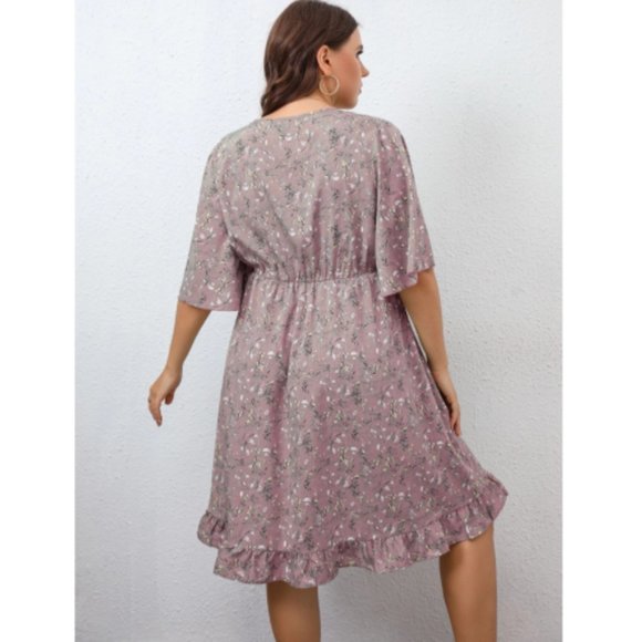 Plus Floral Print Overlap Collar Flutter Sleeve Ruffle Trim Dress Pink 2XL - Picture 7 of 8